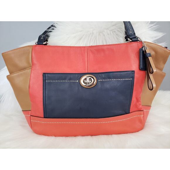 Coach Carrie Color Block Tote # F24065 Camel Navy Leather Old Money Large Purse - Picture 2 of 13